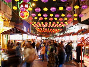 Temple Street Night Market Hong Kong at night